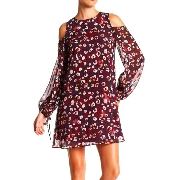 Vince Camuto | Dresses | Vince Camuto Ms Sz 8 Burgundy Floral Printed  Chiffon Cold Shoulder Fashion Dress
